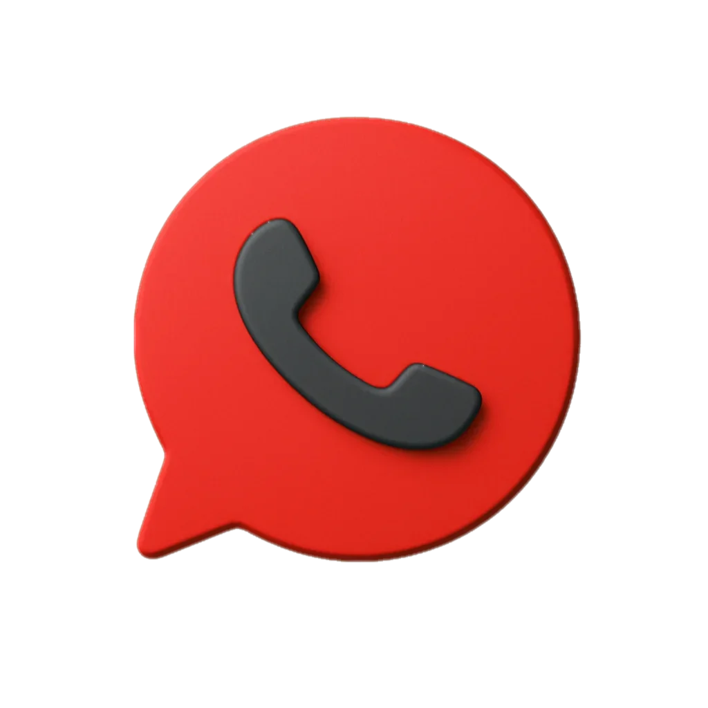 Rot schwarzes 3D Icon in Form einer Sprechblase mit Telefon Symbol zur Darstellung der Kontaktaufnahme über WhatsApp