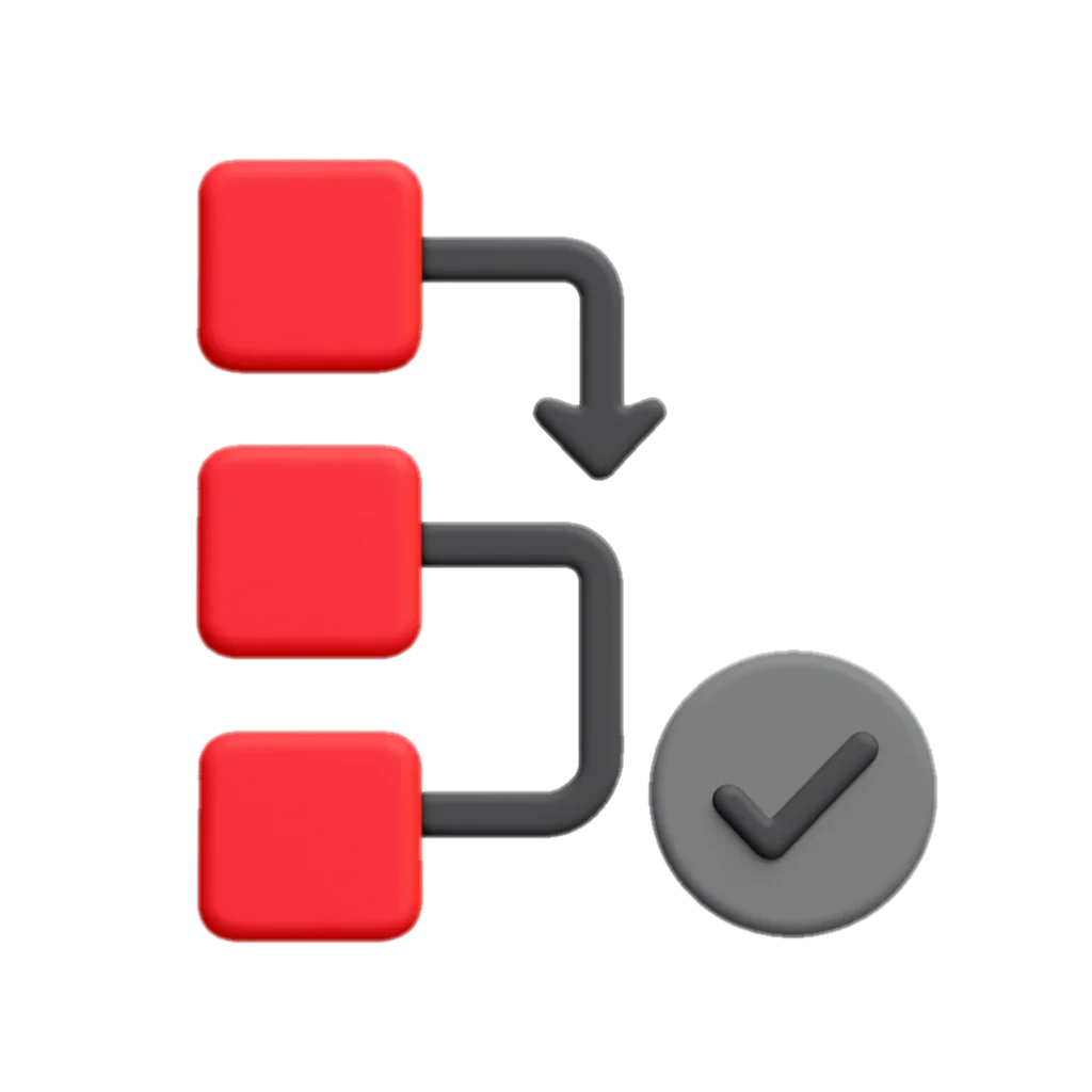 3D Icon mit rot schwarzer Farbe spiegelt strukturierten Ablauf für den Reinigungsprozess einer Außenreinigung für Immobilien in Düsseldorf von der Firma Grünholz wieder